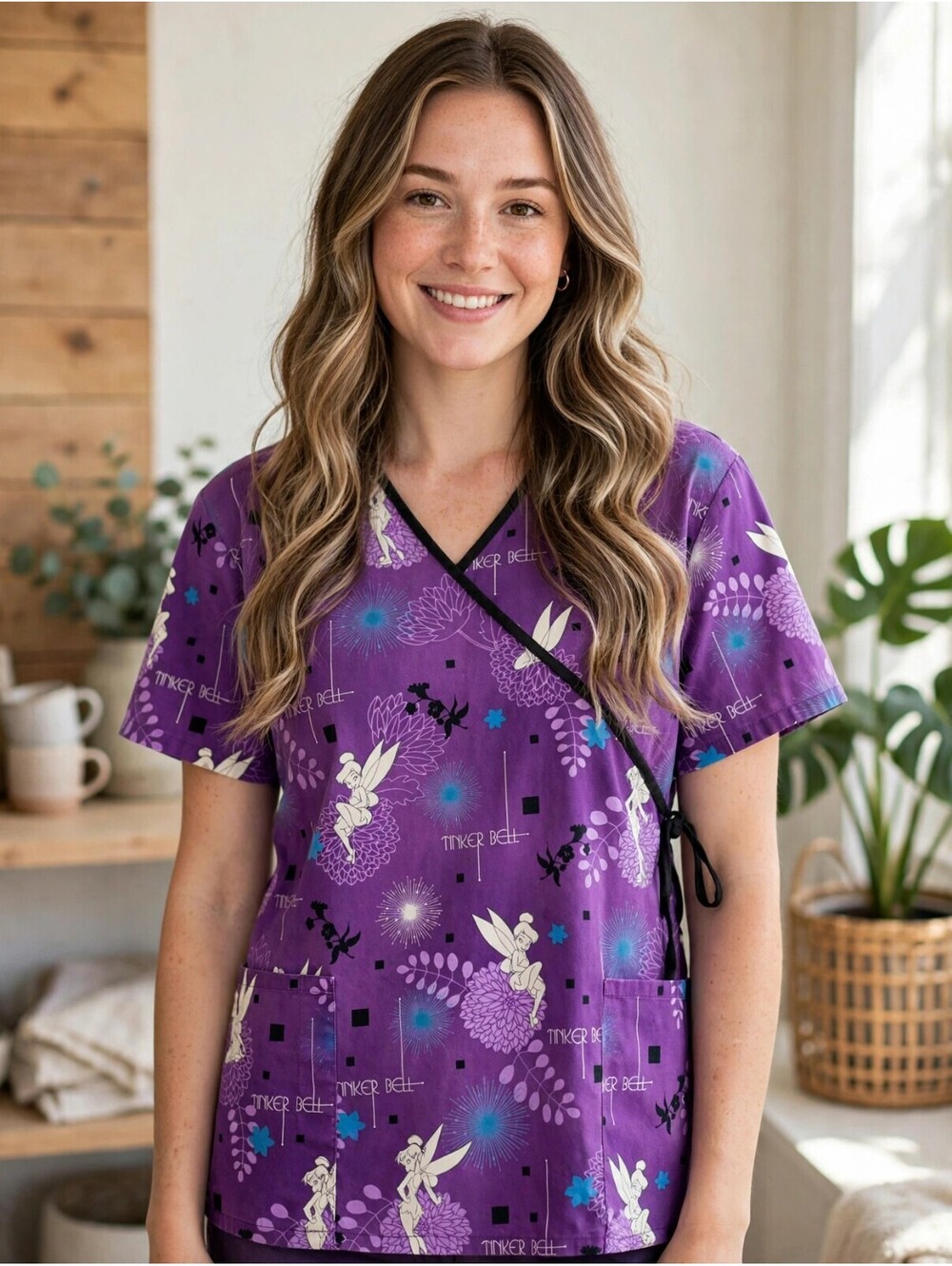 Disney Tinker Bell Purple Wrap Scrub Top L Floral The Wonderful World of Disney